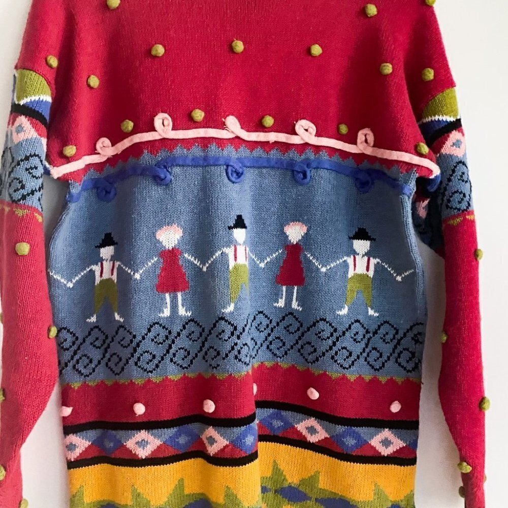 Vintage Almost Heaven Novelty Print Colourful Fringe Trim Unique Pullover M - Picture 3 of 5